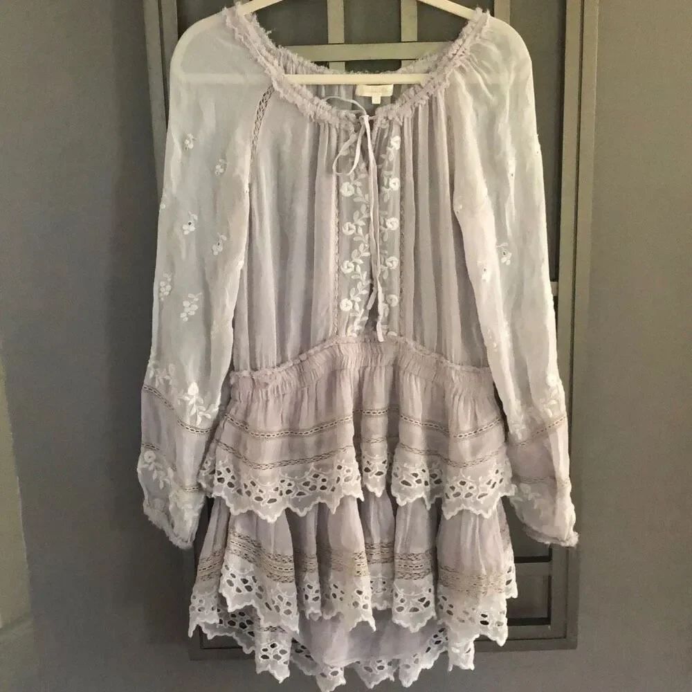 Loveshackfancy Gray lace BoHo chic, semi sheer, long sleeve dress size XS